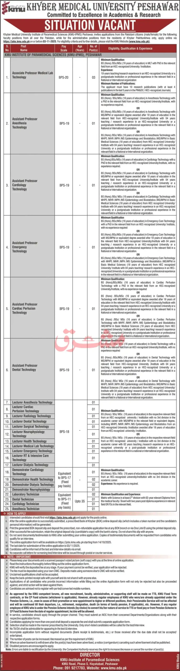 Khyber Medical University KMU Peshawar Jobs 2025 Today Advertisement