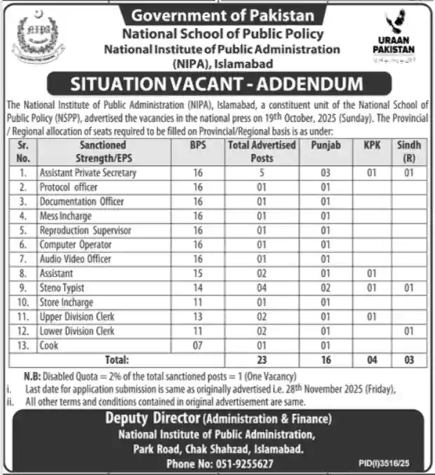 National Institute of Public Administration NIPA Islamabad Jobs 2025