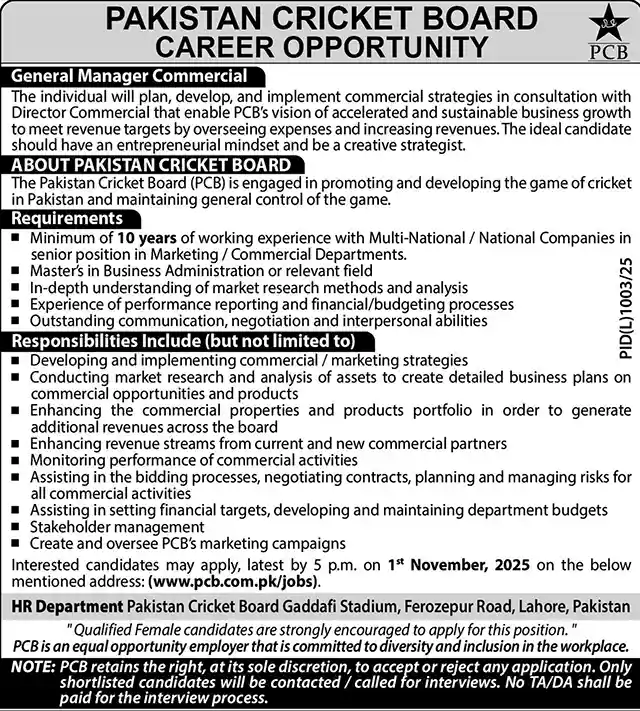 Pakistan Cricket Board PCB Jobs 2025 Today Advertisement