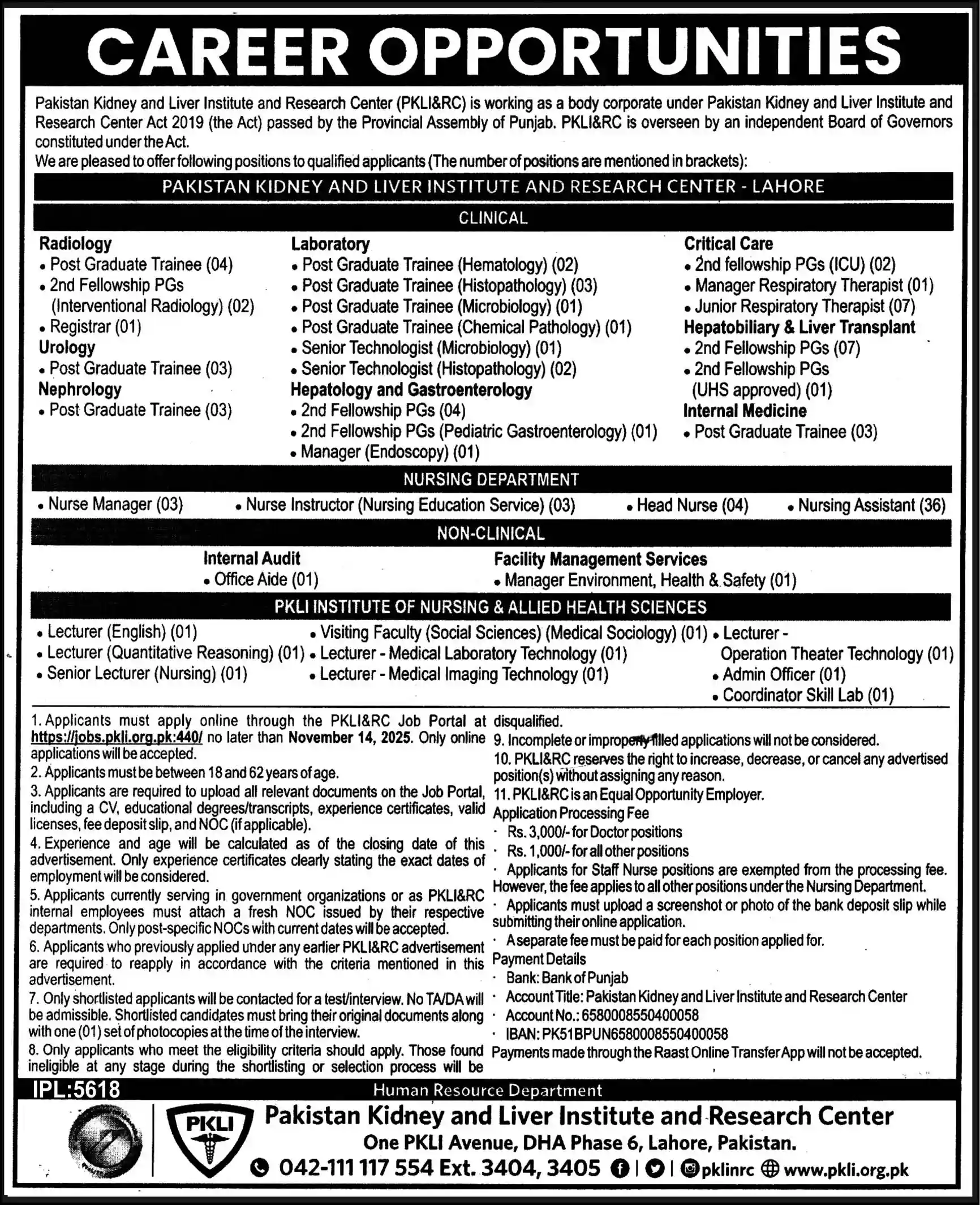 Pakistan Kidney and Liver Institute PKLI Jobs 2025