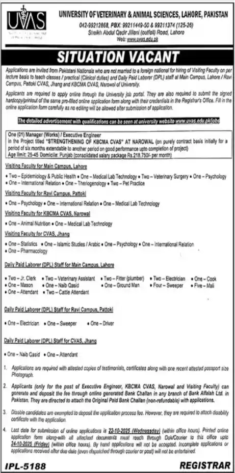University Of Veterinary and Animal Sciences UVAS Jobs 2025 October Ads