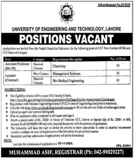 University Of Engineering and Technology UET Lahore Jobs 2025 Advertisement