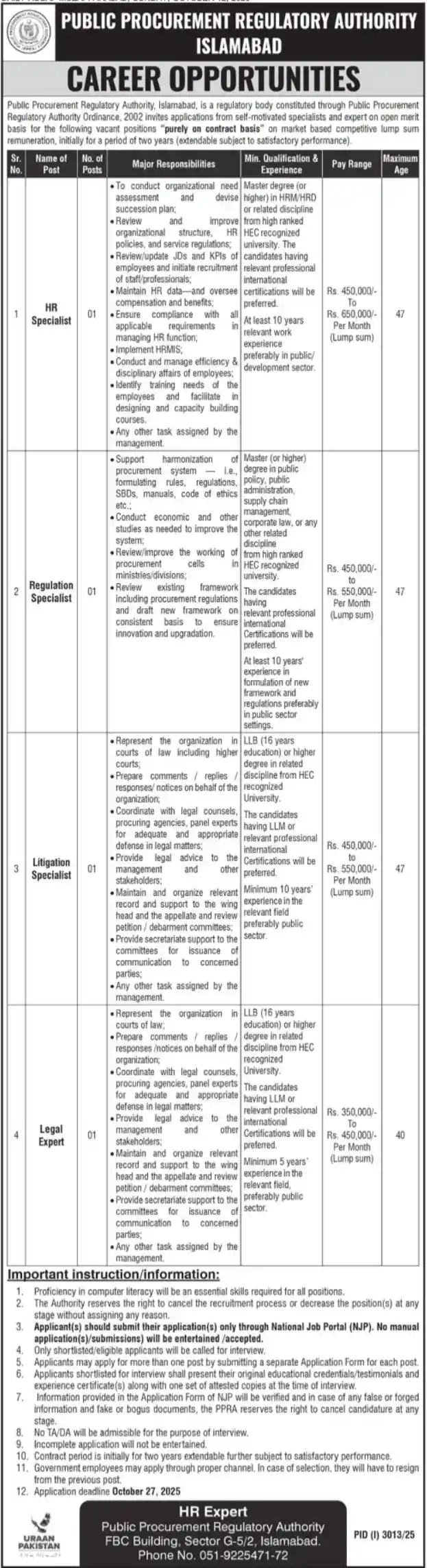 PPRA Islamabad Jobs 2025 Advertisement