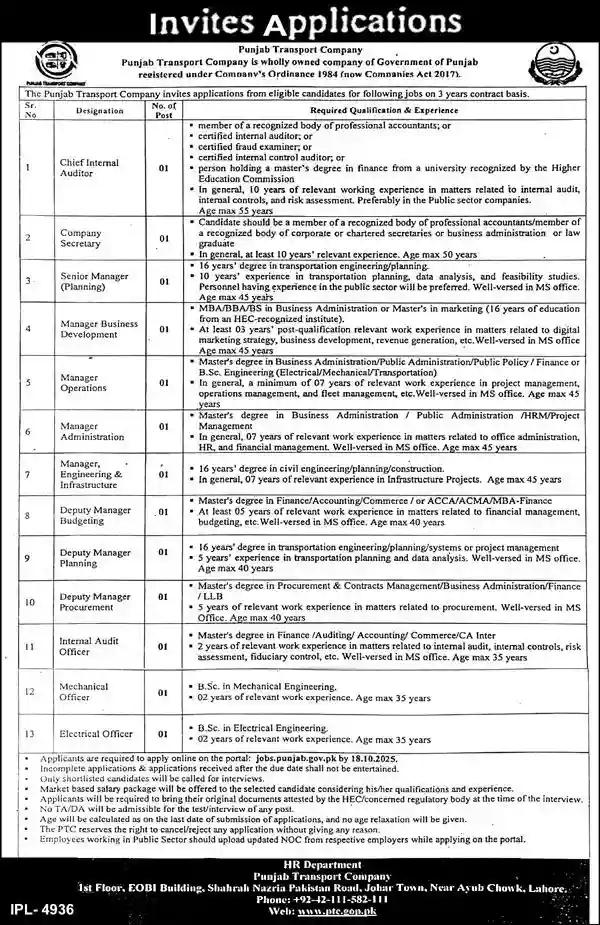 Punjab Transport Company Careers 2025 ad