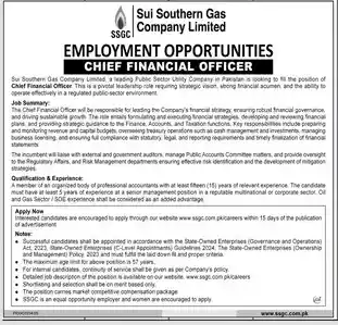 Sui Southern Gas Company SSGC Chief Financial Officer Jobs 2025 Advertisement