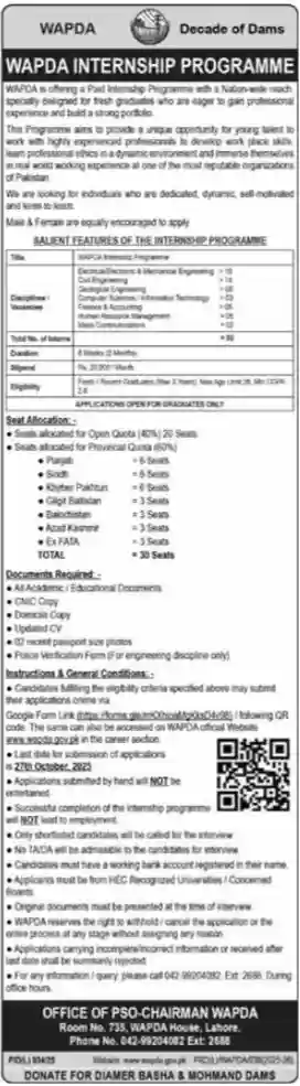WAPDA Paid Internship Program 2025 ad