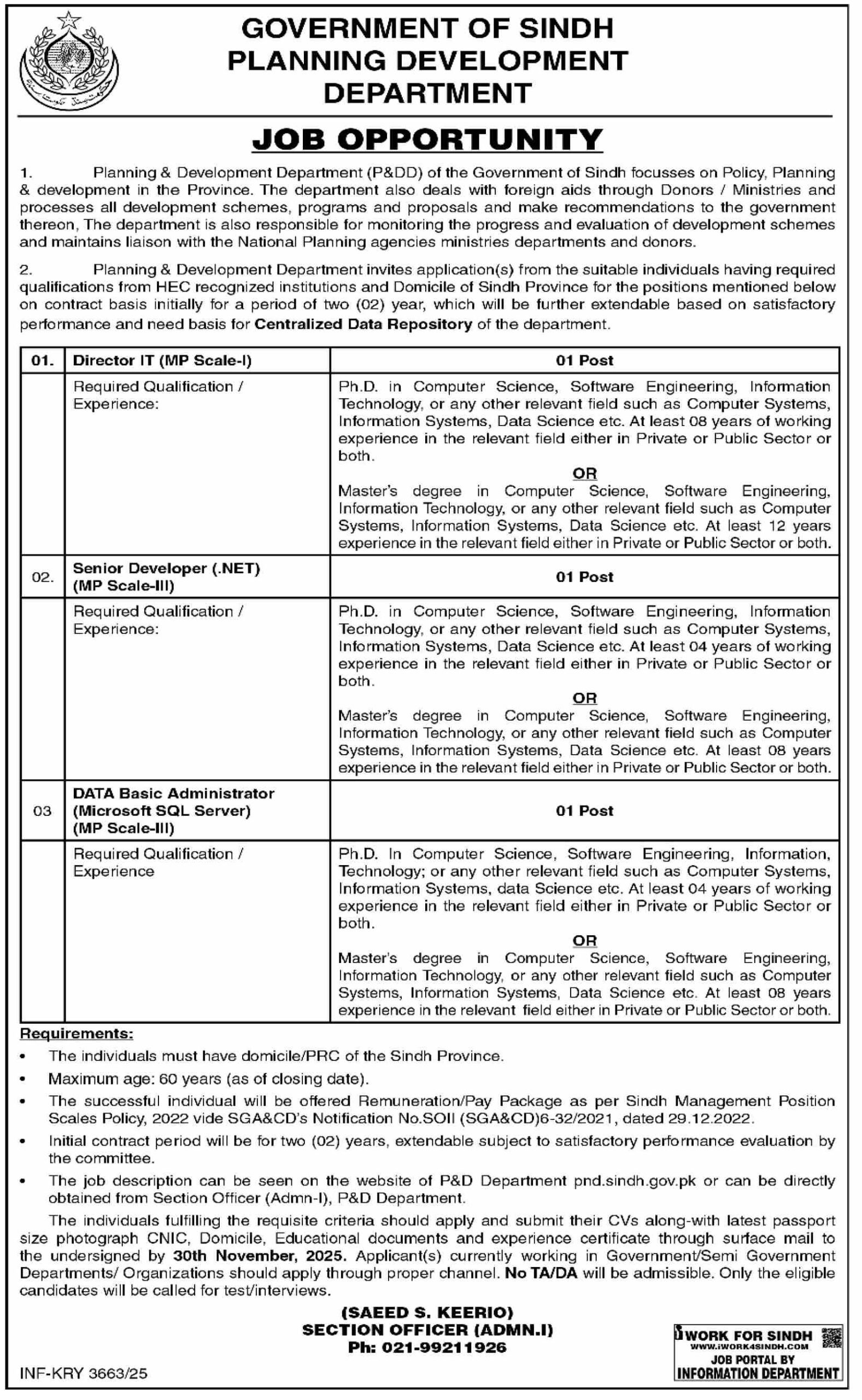 Government of Sindh Planning & Development Department Jobs 2025