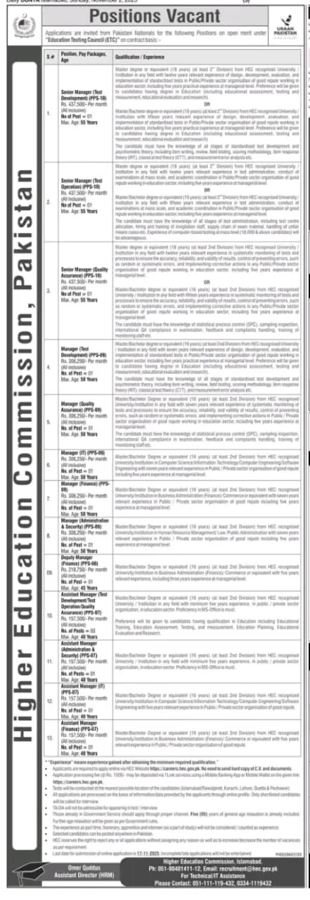 HEC Pakistan Jobs 2025 Advertisement