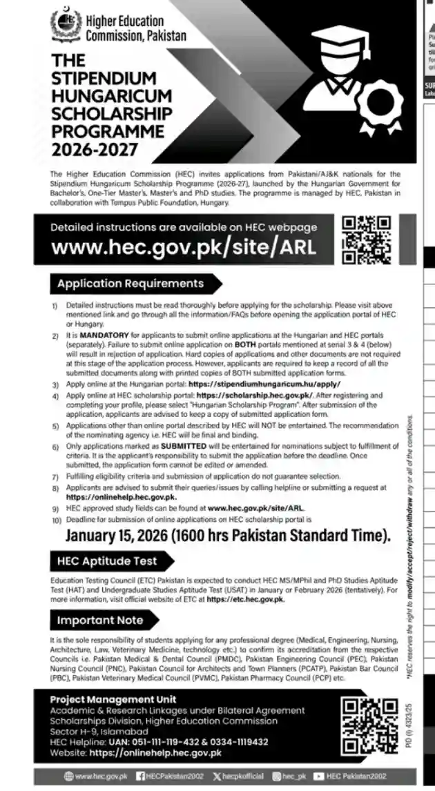 HEC Starts Registration for Stipendium Hungaricum 2025 Advertisement