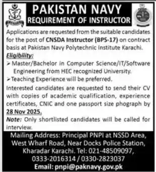 Pakistan Navy CNSDA Instructor Jobs 2025
