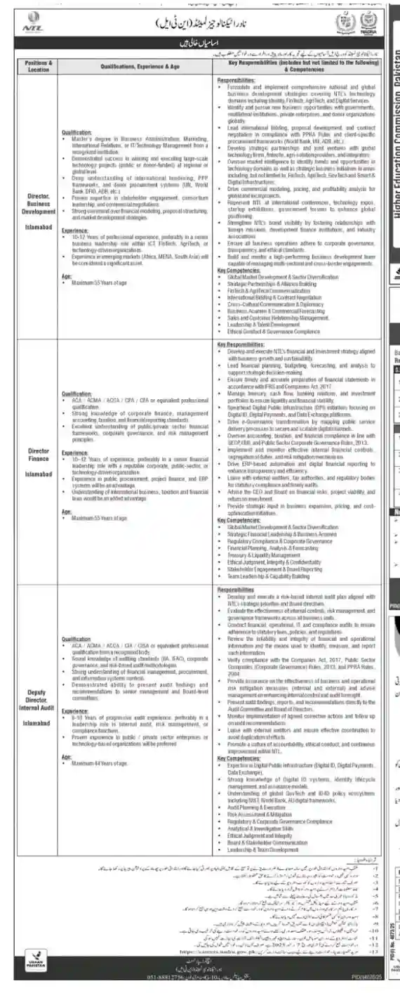 NTL Islamabad Jobs 2025 Advertisement