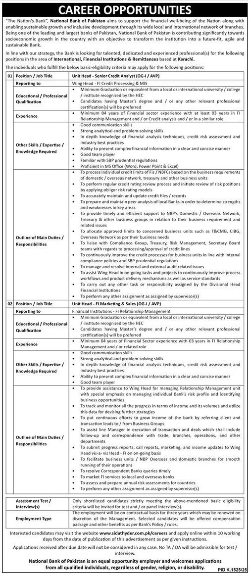National Bank of Pakistan NBP Jobs 2025