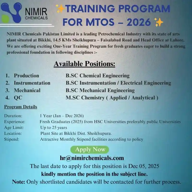 Nimir Chemicals MTOs Training Program 2025 Advertisement