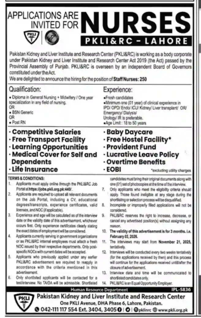 PKLI Lahore Staff Nurse Jobs 2025 Advertisement