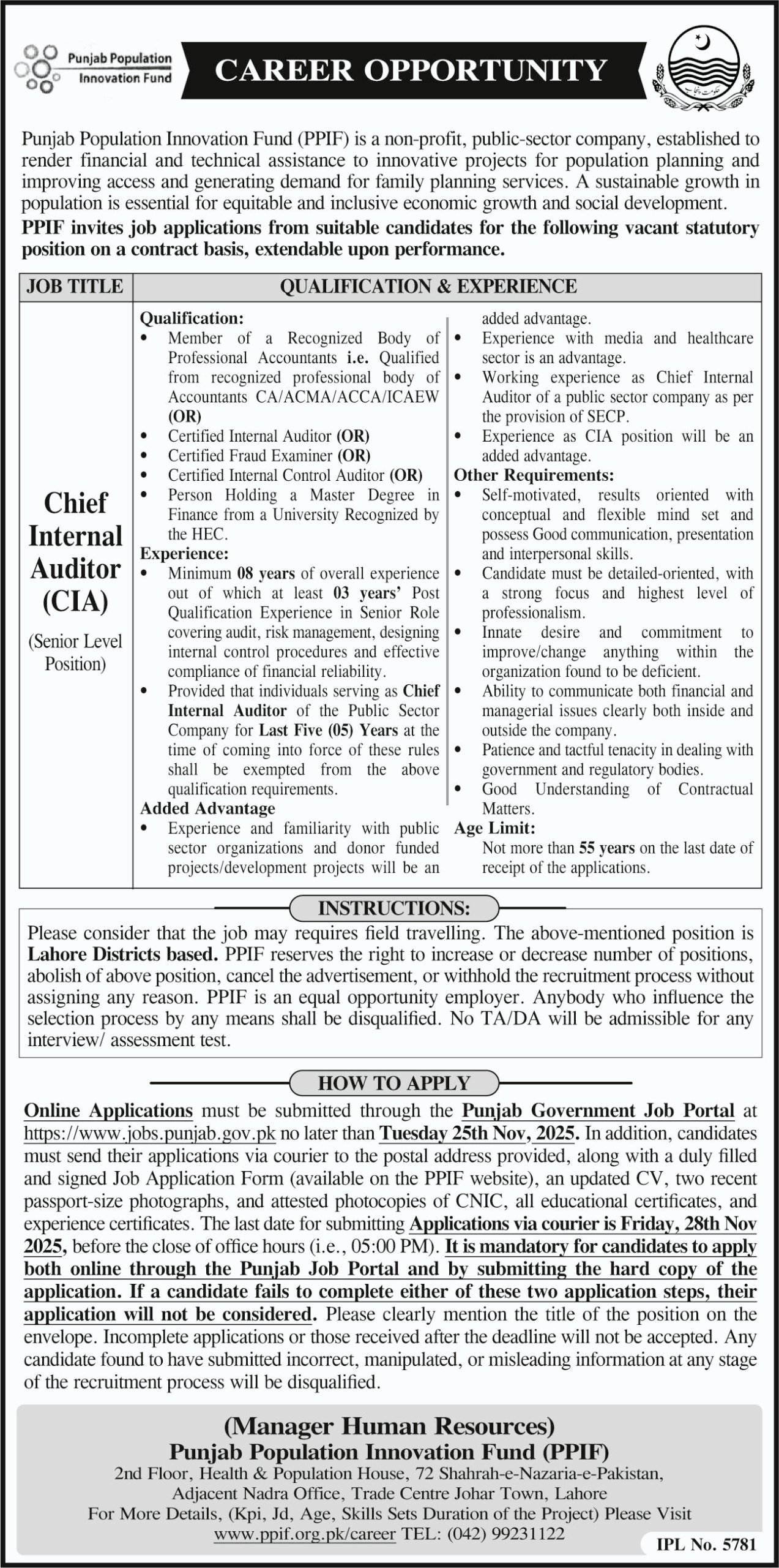 Punjab Population Innovation Fund PPIF Jobs 2025
