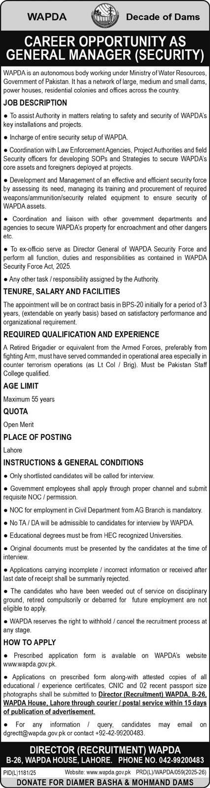 WAPDA General Manager Security Jobs 2025