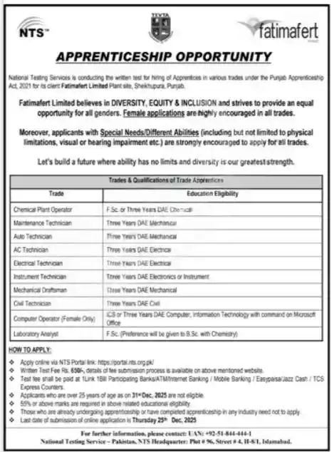 NTS Fatima Fertilizer Apprenticeship 2025