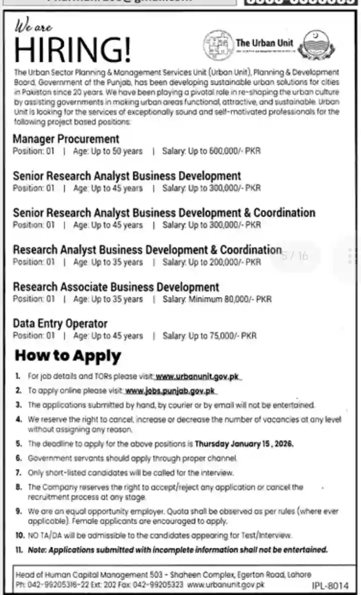 Urban Unit Government Jobs 2026 Advertisement