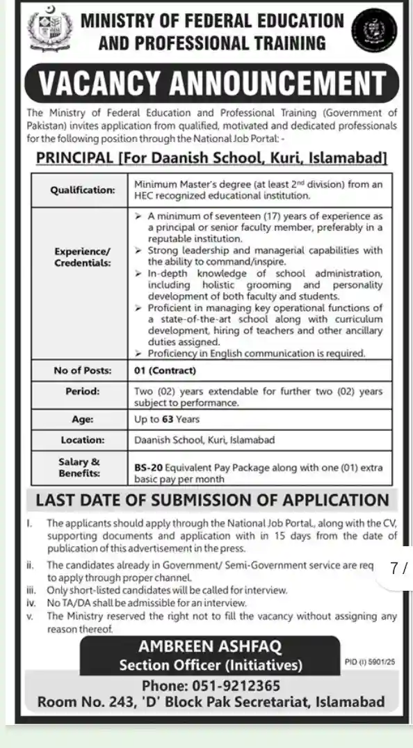 Government of Pakistan Ministry of Federal Education Jobs 2026