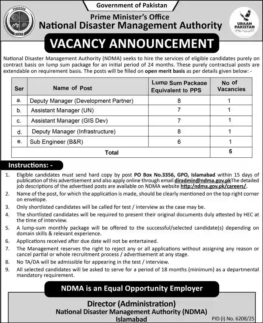 National Disaster Management Authority Management Jobs in Islamabad 2026