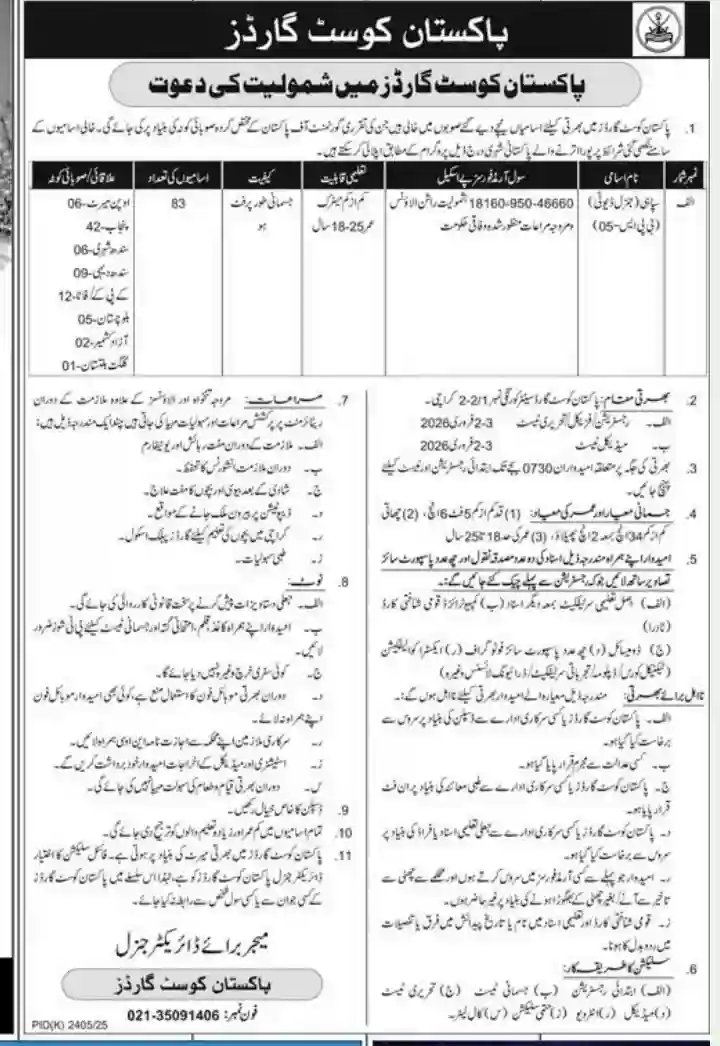 Pakistan Coast Guards Sipahi Jobs 2026