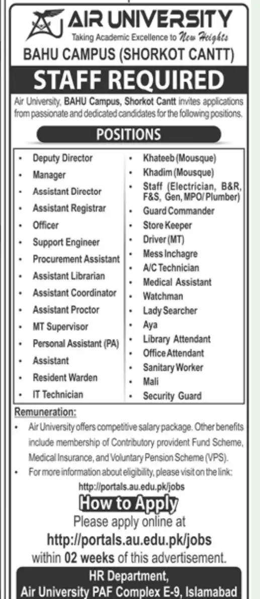 Air University Shorkot Cantt Campus Jobs
