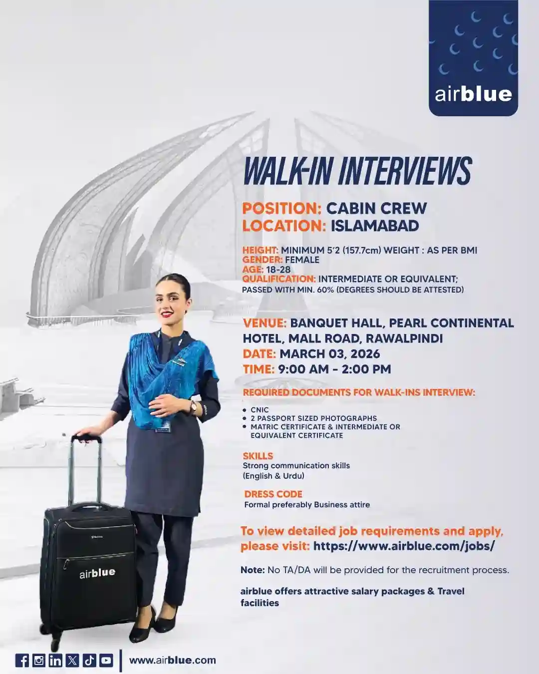 Airblue Female Cabin Crew Walk-In Interview 2026