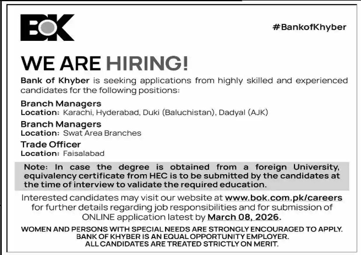 Bank of Khyber BOK Jobs March 2026
