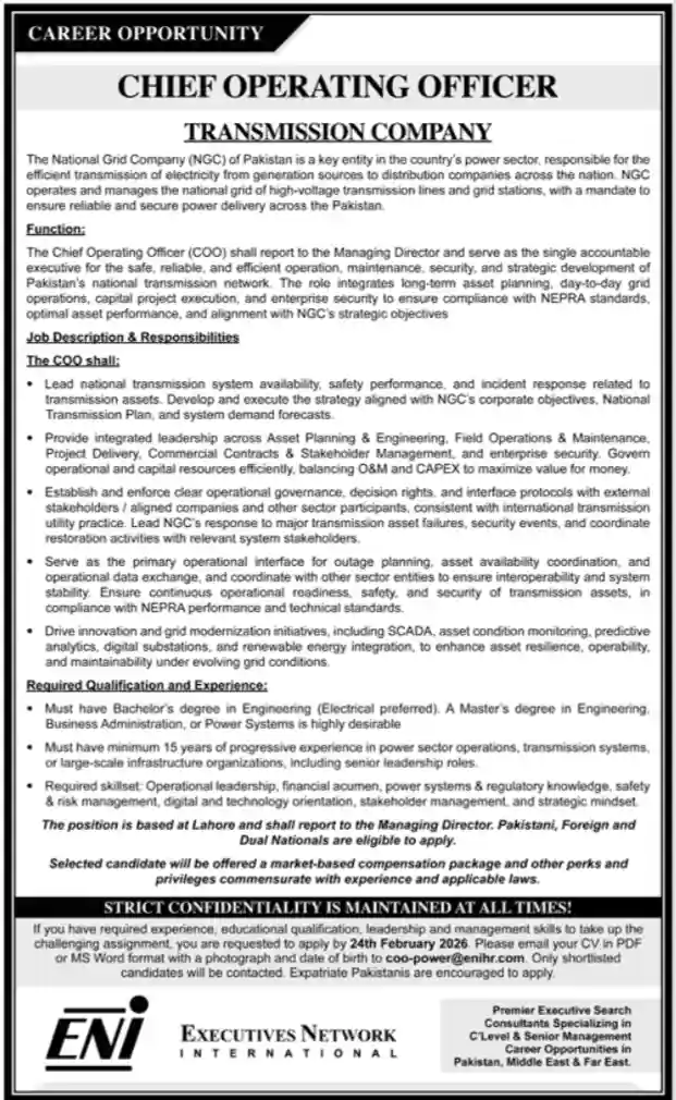 Chief Operating Officer Required at National Grid Company Pakistan