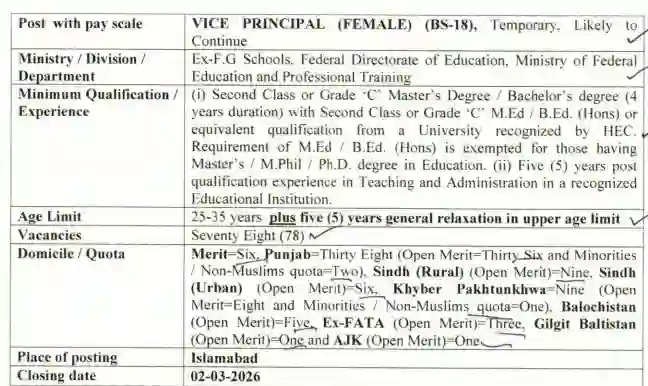 FPSC Vice Principal (Female) BS-18 Jobs 2026