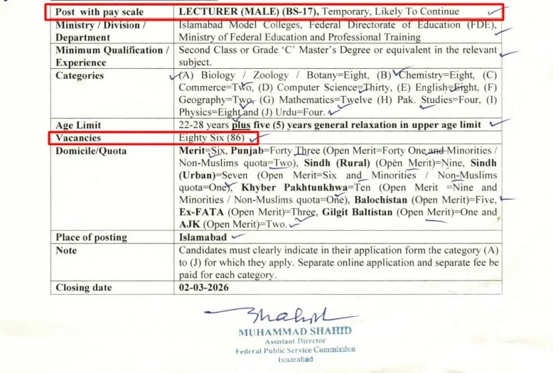 Federal Directorate of Education Lecturer Jobs 2026 via FPSC