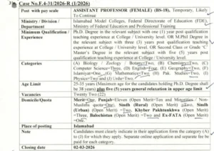 Government College Teaching Jobs 2026 Assistant Professor via FPSC