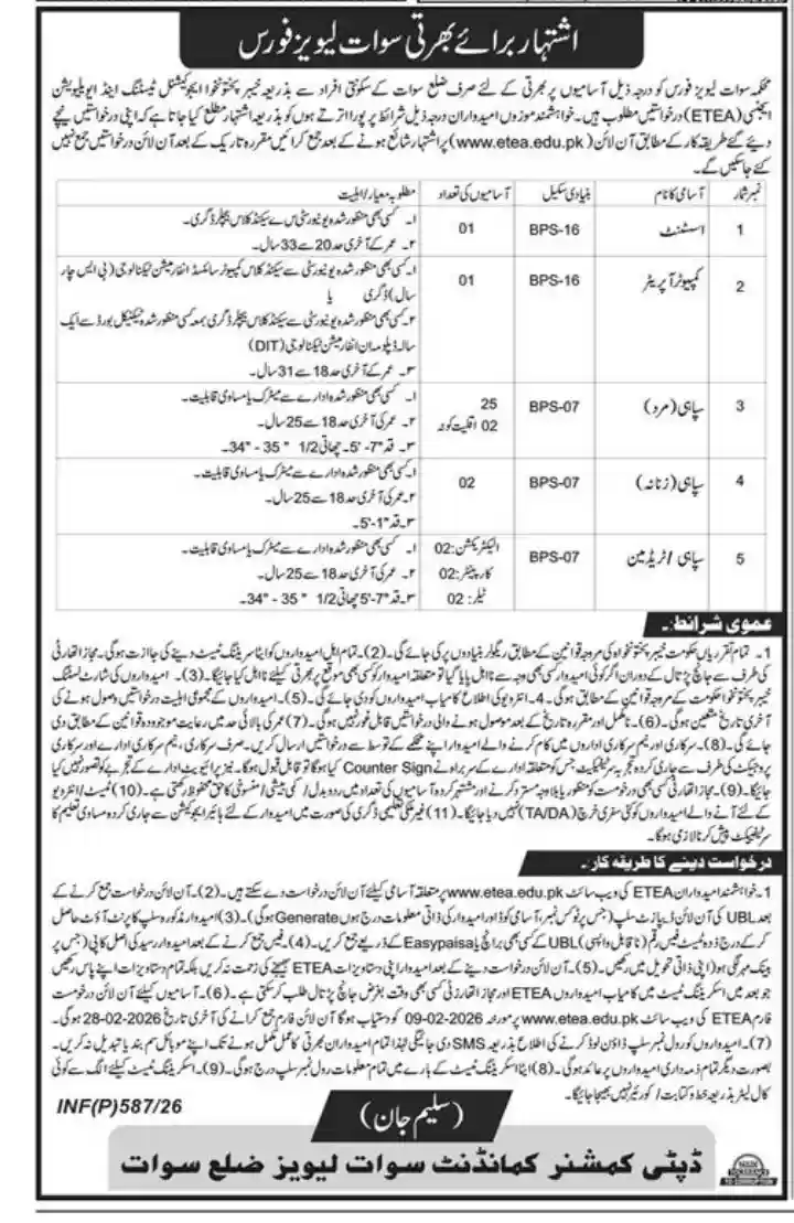 Government Jobs in Swat Levies 2026 via ETEA Portal