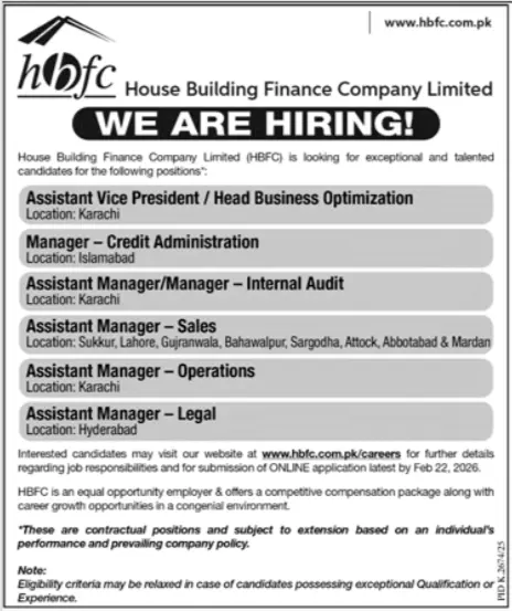 House Building Finance Company HBFC Jobs February 2026