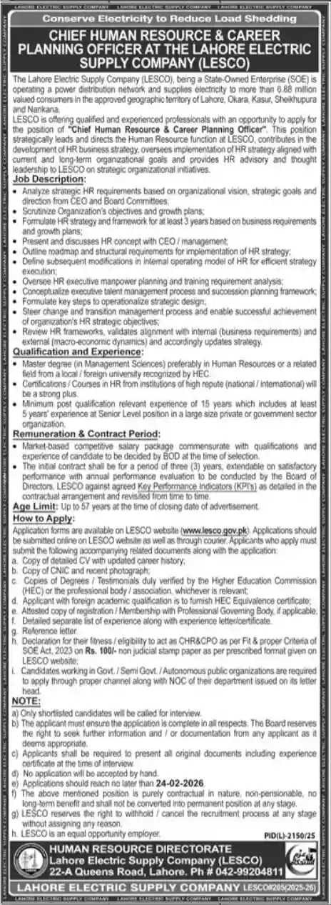 LESCO Chief Human Resource & Career Planning Officer Job 2026
