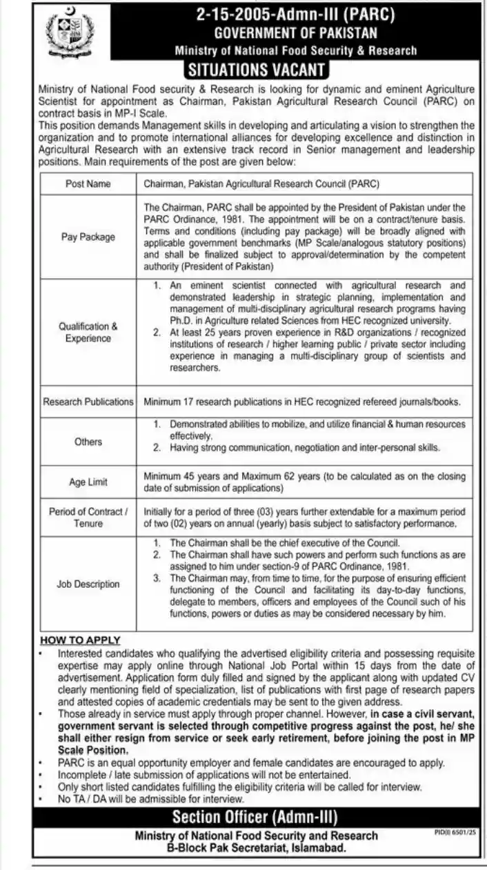 Ministry of National Food Security PARC Chairman Jobs 2026