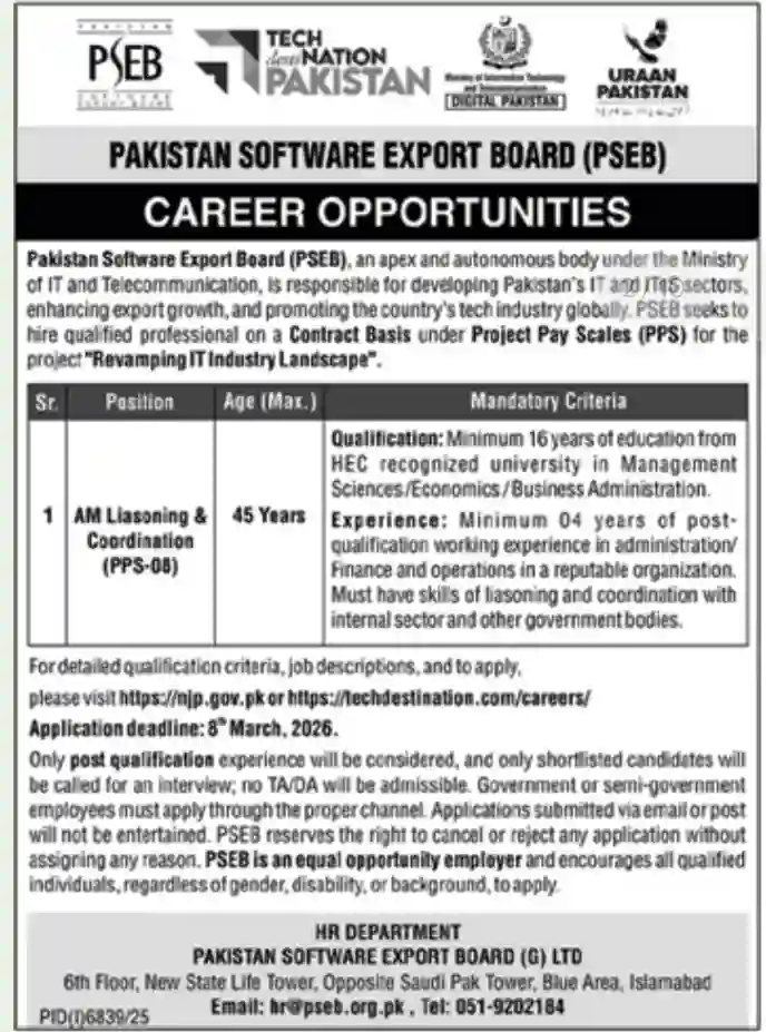 PSEB Latest Jobs 2026 Islamabad Apply for Government IT Jobs in Pakistan
