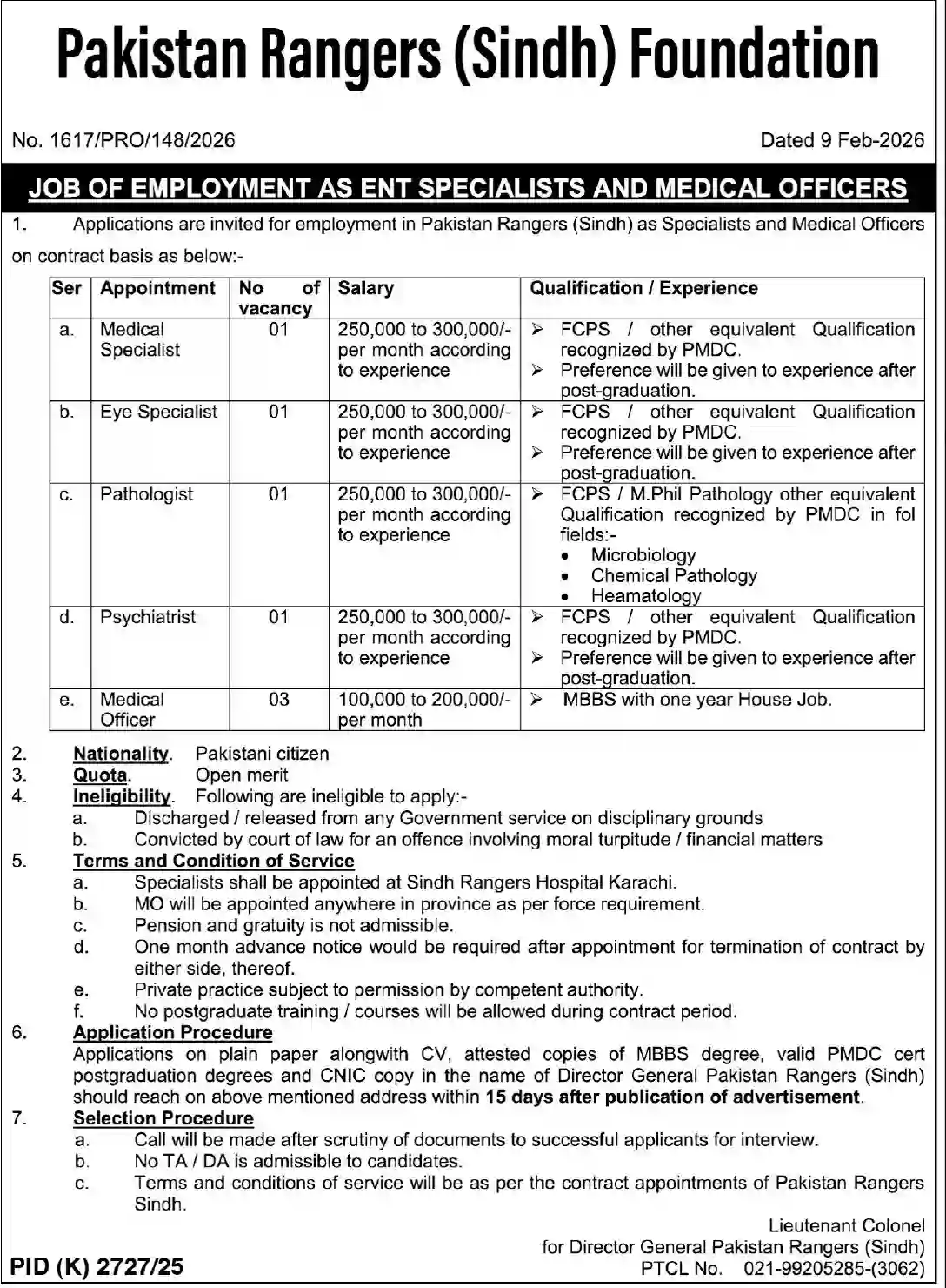 Pakistan Rangers Sindh Announces New Medical Jobs 2026