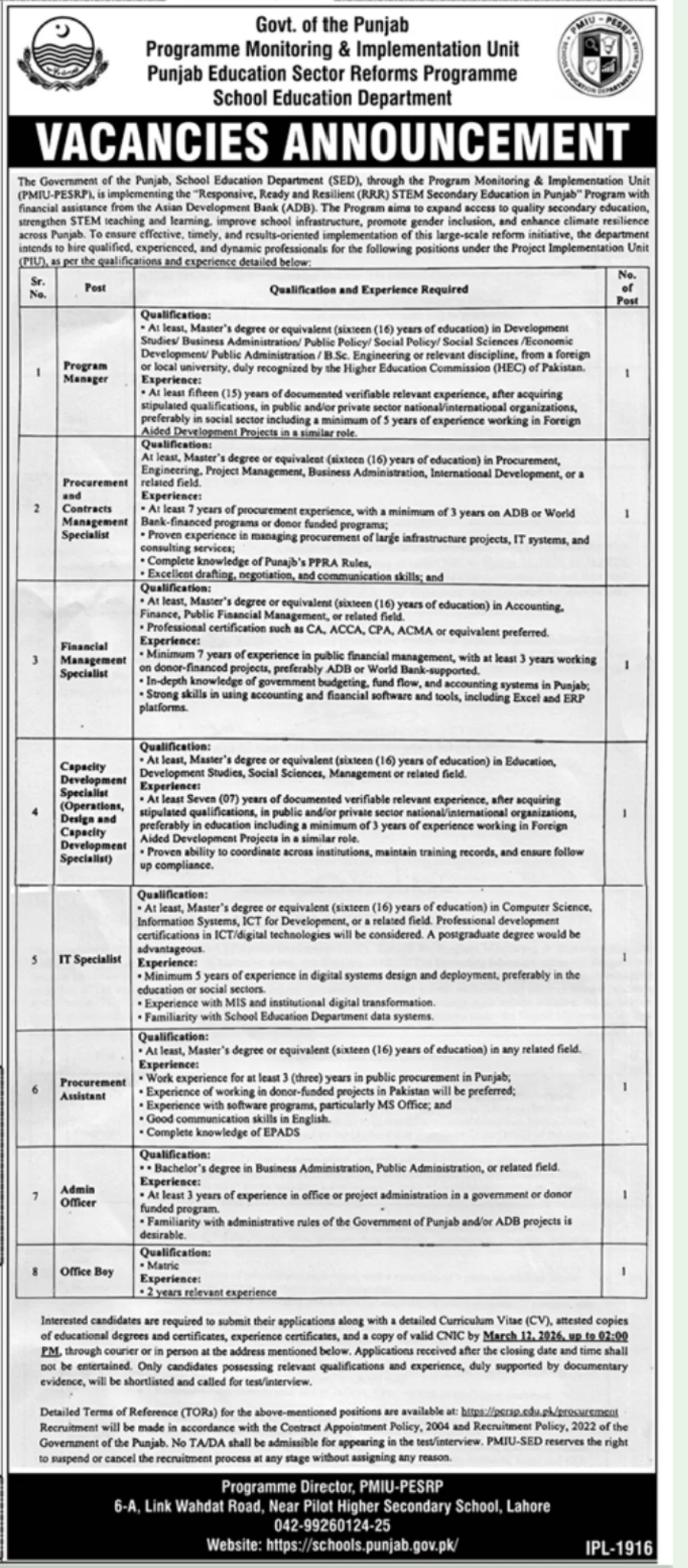 Punjab Education Department Jobs 2026