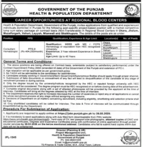 Punjab Health Department Jobs 2026 for Consultant Hematologist