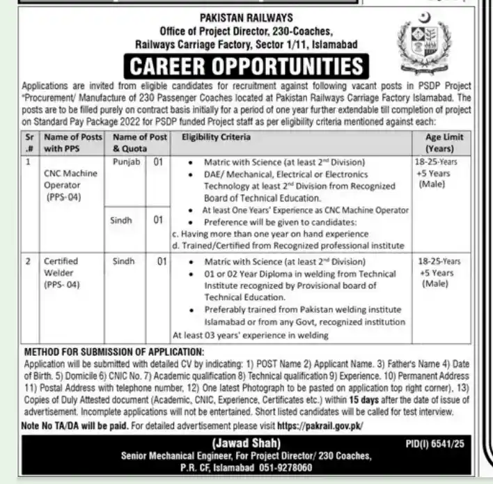 Railways Carriage Factory Islamabad Jobs 2026