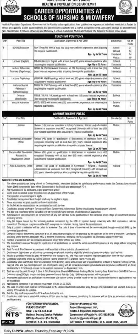 Schools of Nursing & Midwifery Punjab Jobs 2026