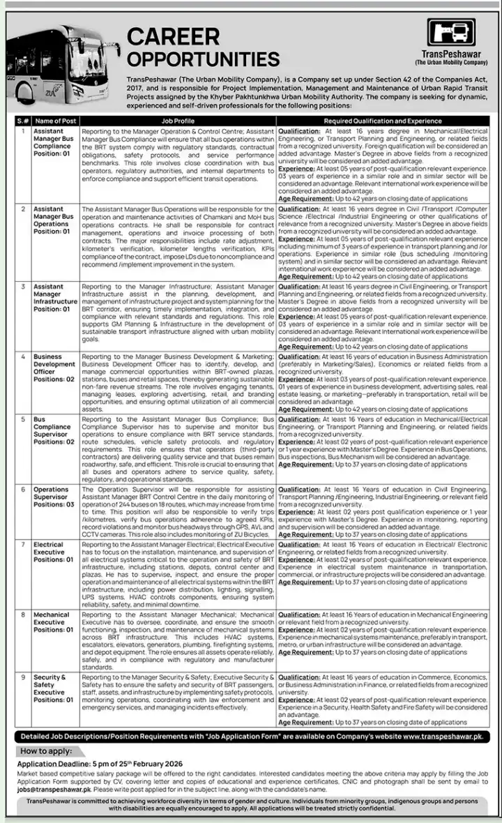 TransPeshawar Jobs 2026 in Urban Mobility Company