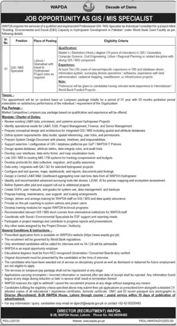 WAPDA Jobs 2026 for GIS / MIS Specialist – Latest Career Opportunity