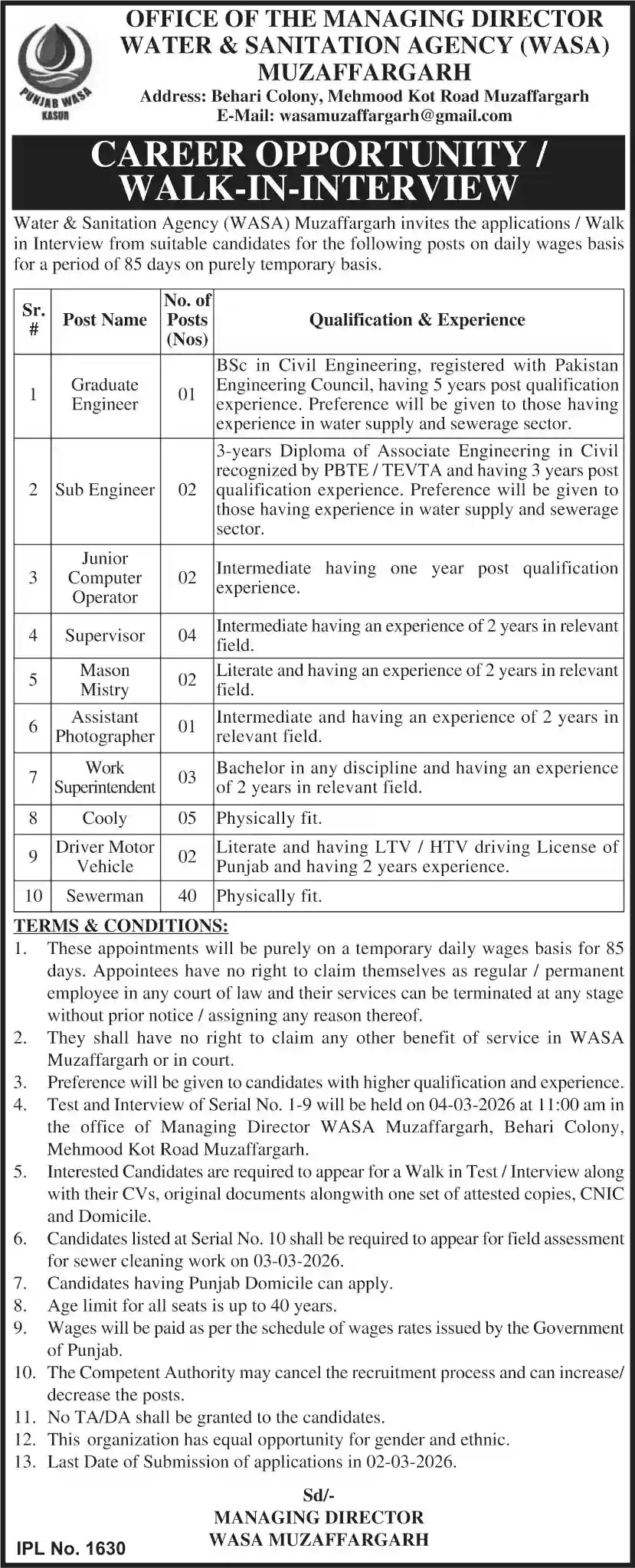 WASA Muzaffargarh Jobs 2026 Walk-In Interview
