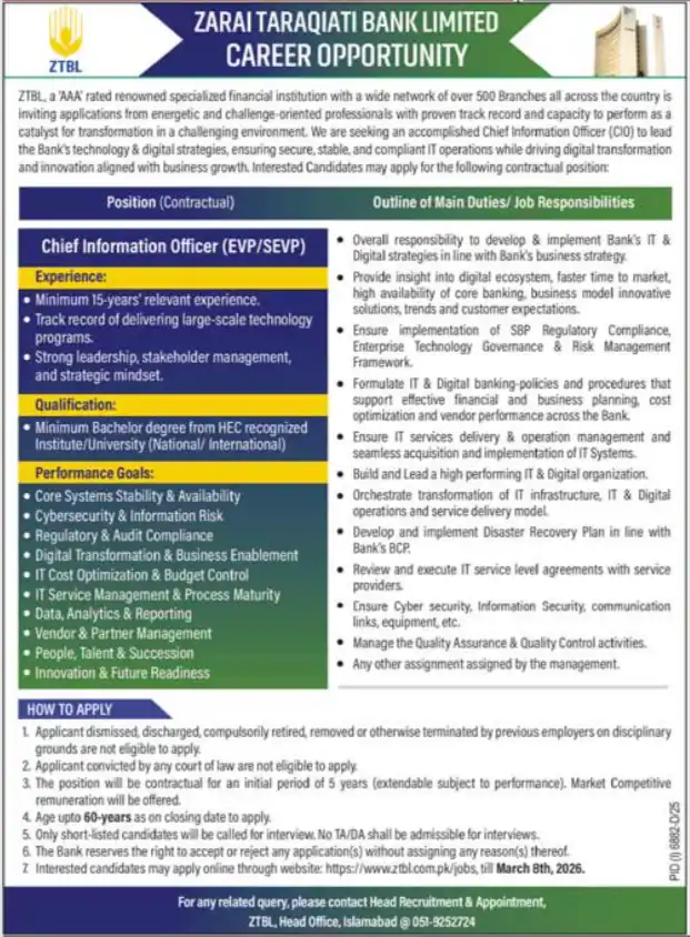Www ZTBL com pk Jobs 2025 Advertisement