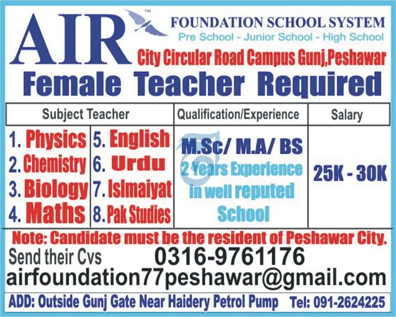 Air Foundation School System Peshawar Jobs