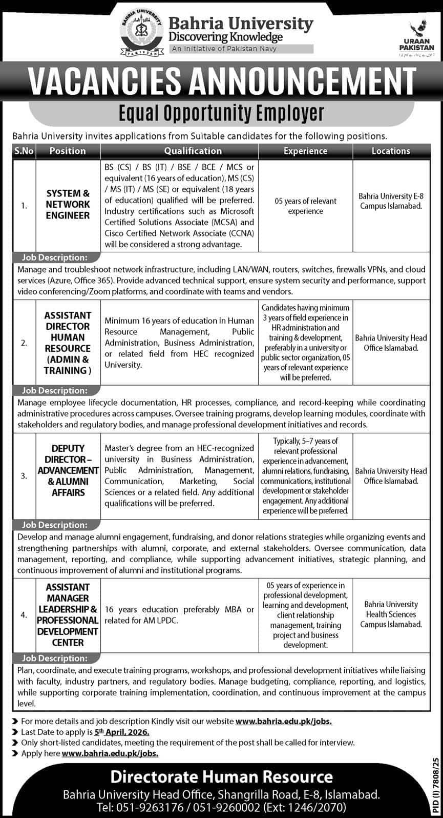 Bahria University Jobs 2026 – Latest Vacancies in Islamabad Apply Now