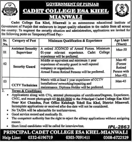 Cadet College Esa Khel Mianwali Jobs 2026 –