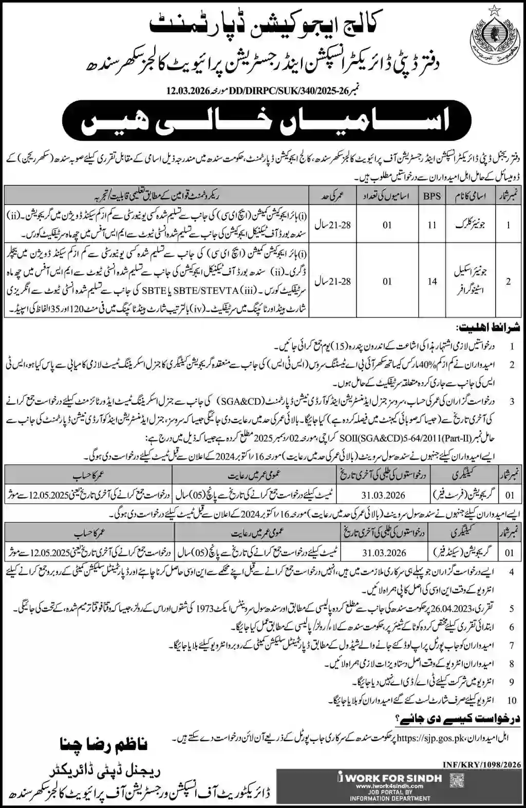 College Education Department Sindh Jobs